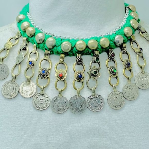 Green Choker Necklace, Vintage Coins Choker Necklace, Tribal Boho Necklace - Picture 4 of 6